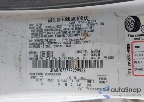 2007 Ford Fusion Se из США, поврежденный, VIN 3FAHP07Z77R229939